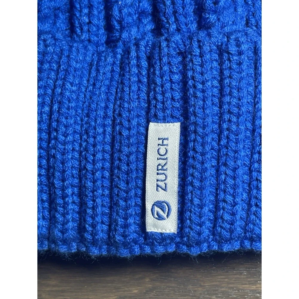 Zurich Beanie Bobble‎ Hat Blue Chunky Knit Made In Europe Wool Acrylic Blend